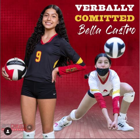 Images of Bella Castro posing for the camera and in action digging the volleyball.